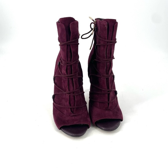 Sam Edelman Asher Suede Merlot Open Toe Lace Up Side Zip Stiletto Ankle Bootie - Picture 5 of 8